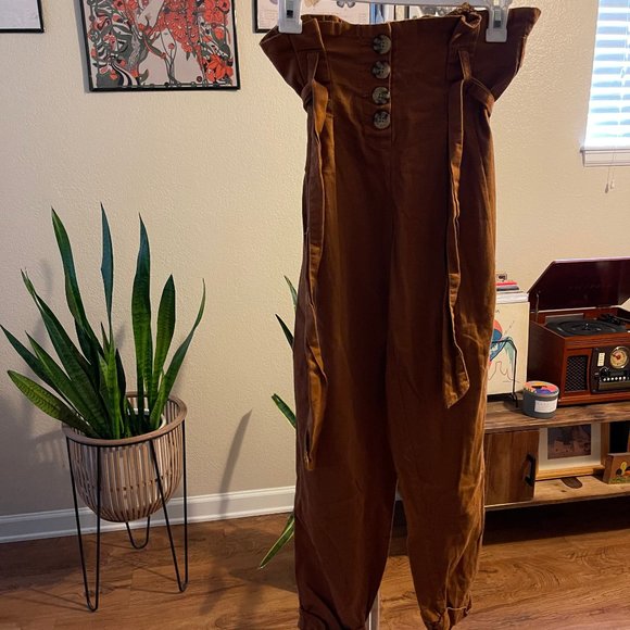 high waisted button up tie pants brown - Picture 2 of 5